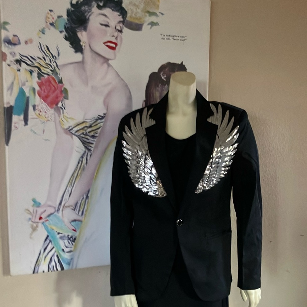 Black Blazer with Silver Wing Embellishments